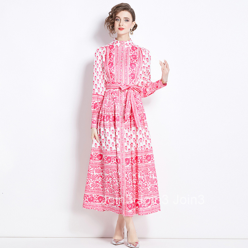 9885 Spring and Autumn New Womens Fashion Elegance Style Stand Collar Single-Breasted Printed Dress