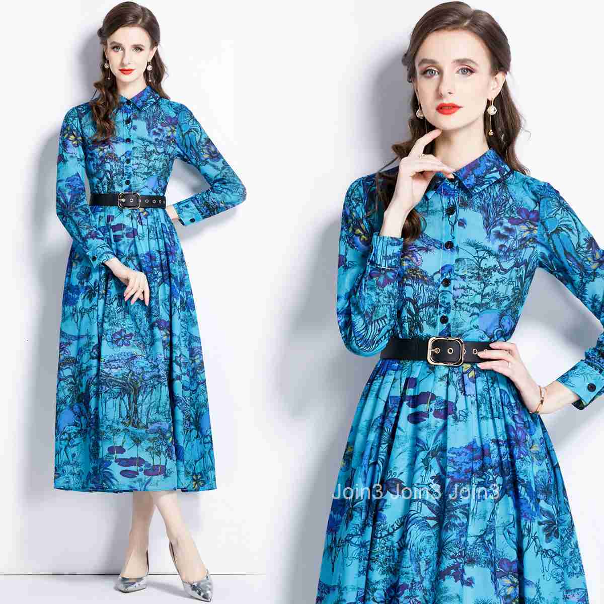 1605 Autumn New Womens Polo Neck Print Waist Wrap Long Dress (with Belt)