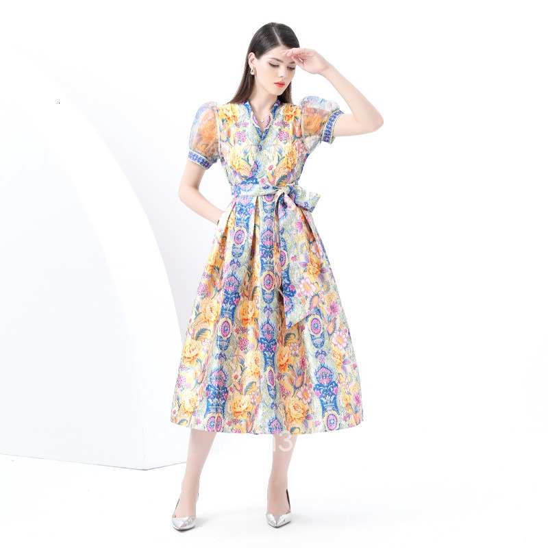 6023 Early Spring New Womens Vacation Wrap Tie V-neck Lantern Sleeve Long Dress Printed Dress