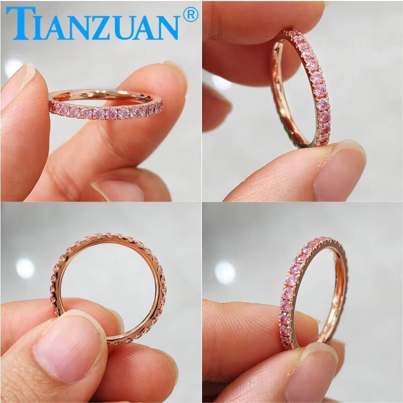 Pink Color 2mm Round Moissanite Full Eternity Ring Band Yellow / Rose Gold Plated S925 Silver Diamond Engagement Jewelry
