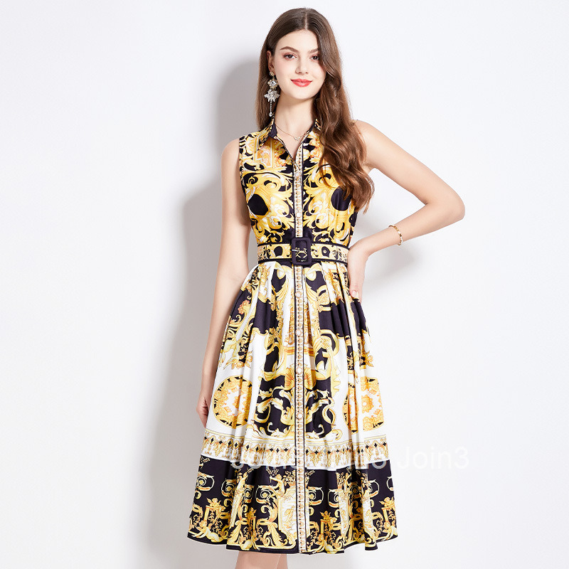 2508 Summer New Womens Printed Turn-down Collar Slim Waist Elegant Flared Midi Dress