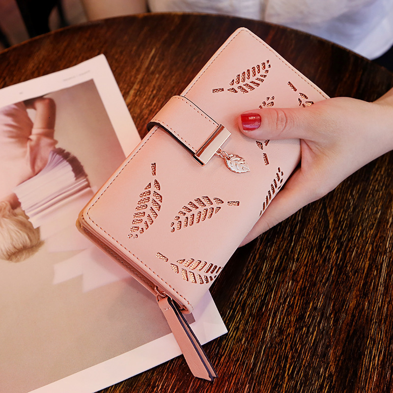 Designer Bag 2025 New Women's Wallet Sweet Lady PU Leather Horizontal Luxury Bag Zipper Women's Medium Long Hollow Leaf Coin Purse
