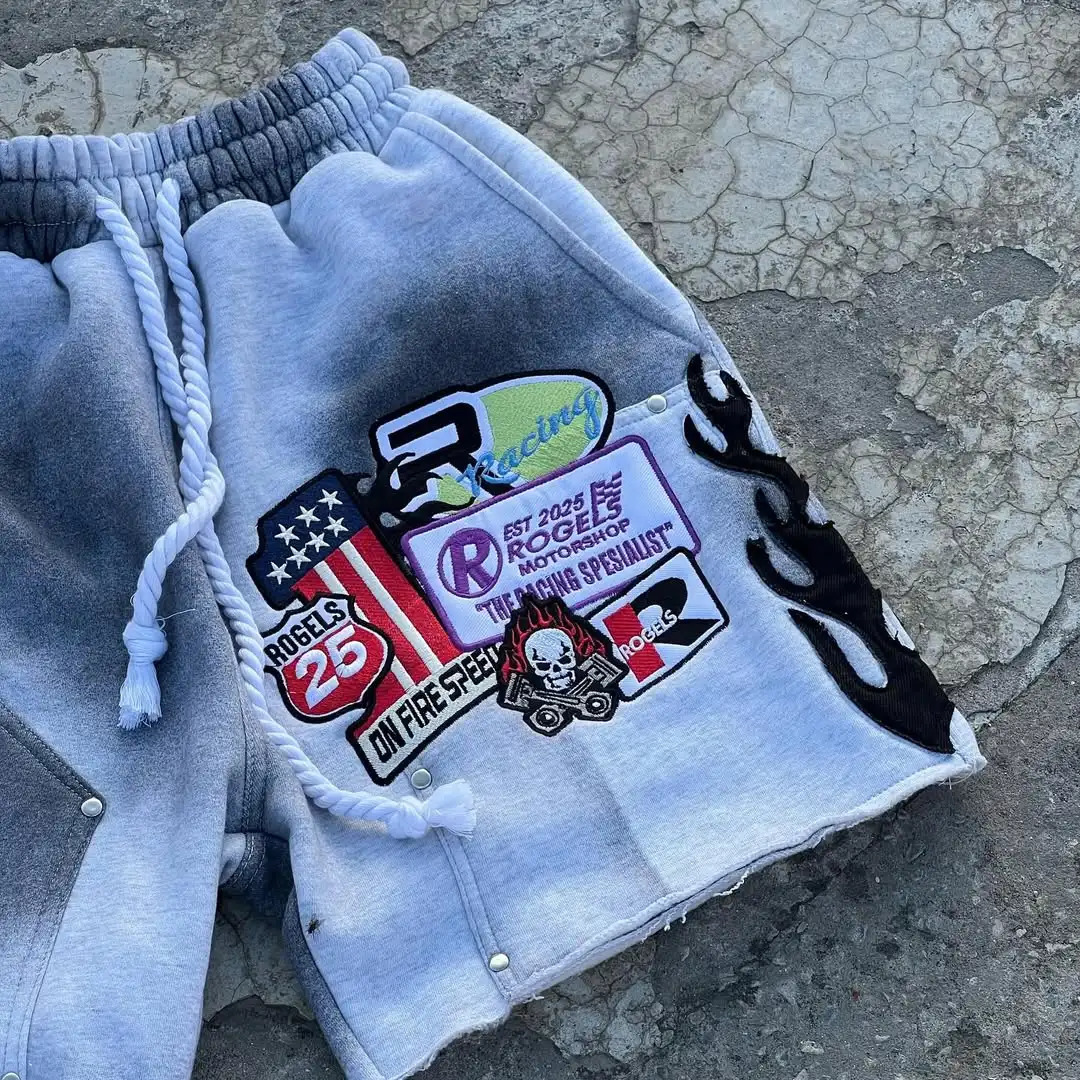 American Style Old Creative Pattern Area Inkjet Seam Pattern Baseball Elements Gray Shorts Men's Casual Sports Fashion Y2K Pants 250714