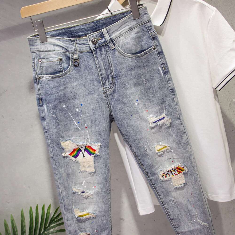 Ripped Jeans for Men Spring 2025 Light Color Slim Fit Stretch Cropped Pants Youth Trendy Ins Paint Splatter 9/10 Length Skinny