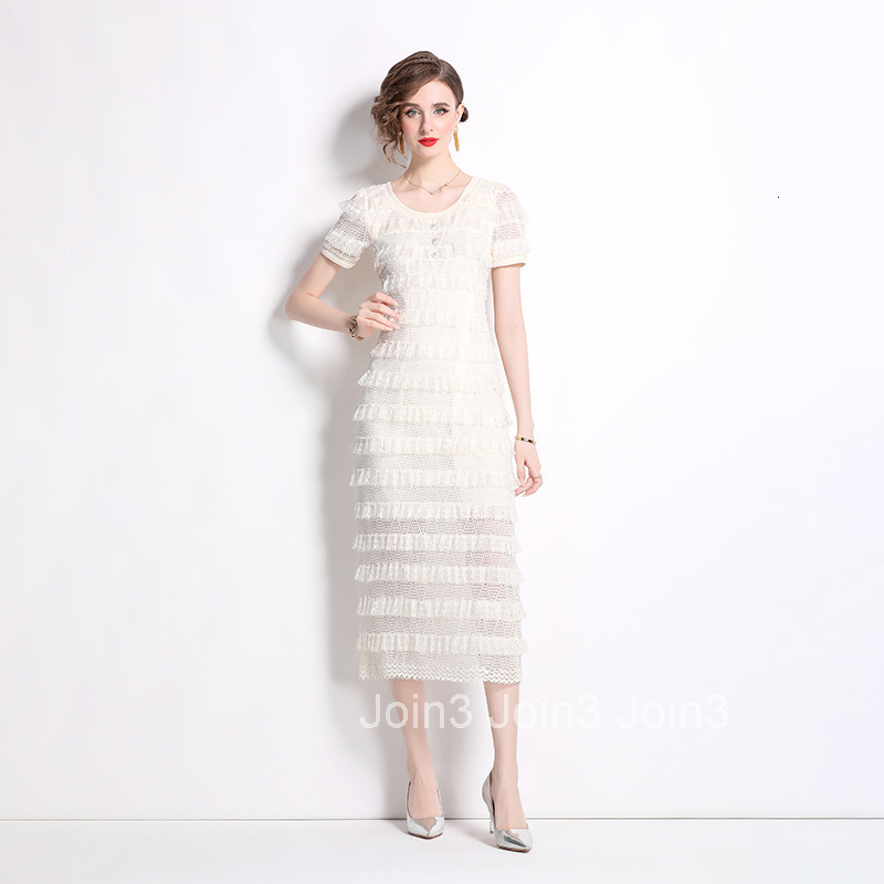 8021 Summer New Womens Round Neck Buttoned Elegant Layered Cake Dress Fashionable Dress