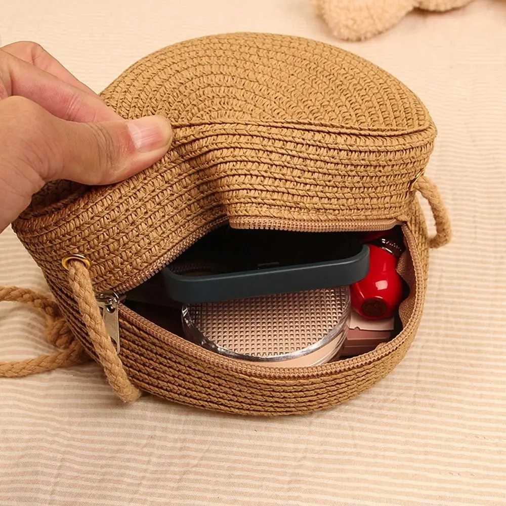 Round Straw Bag Women Woven Beach Crossbody Bag for Ladies Cute Shoulder Rattan Handmade Knitted Candy Color Small Handbag Y250719