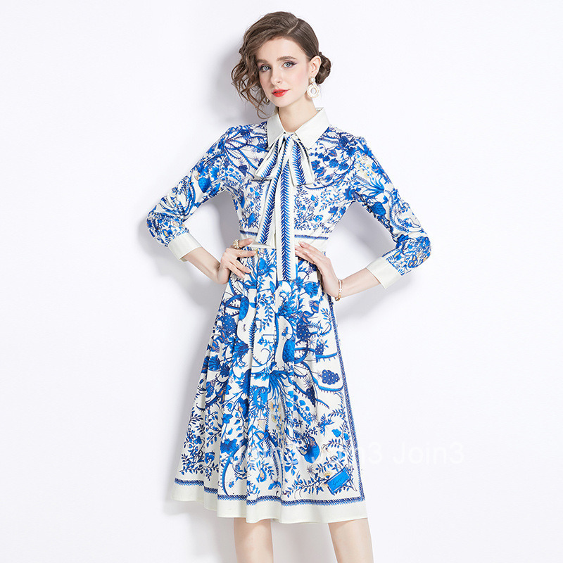3937 Summer New Womens Fashion Printed Waist Slimming Long Sleeve Dress (With Belt)
