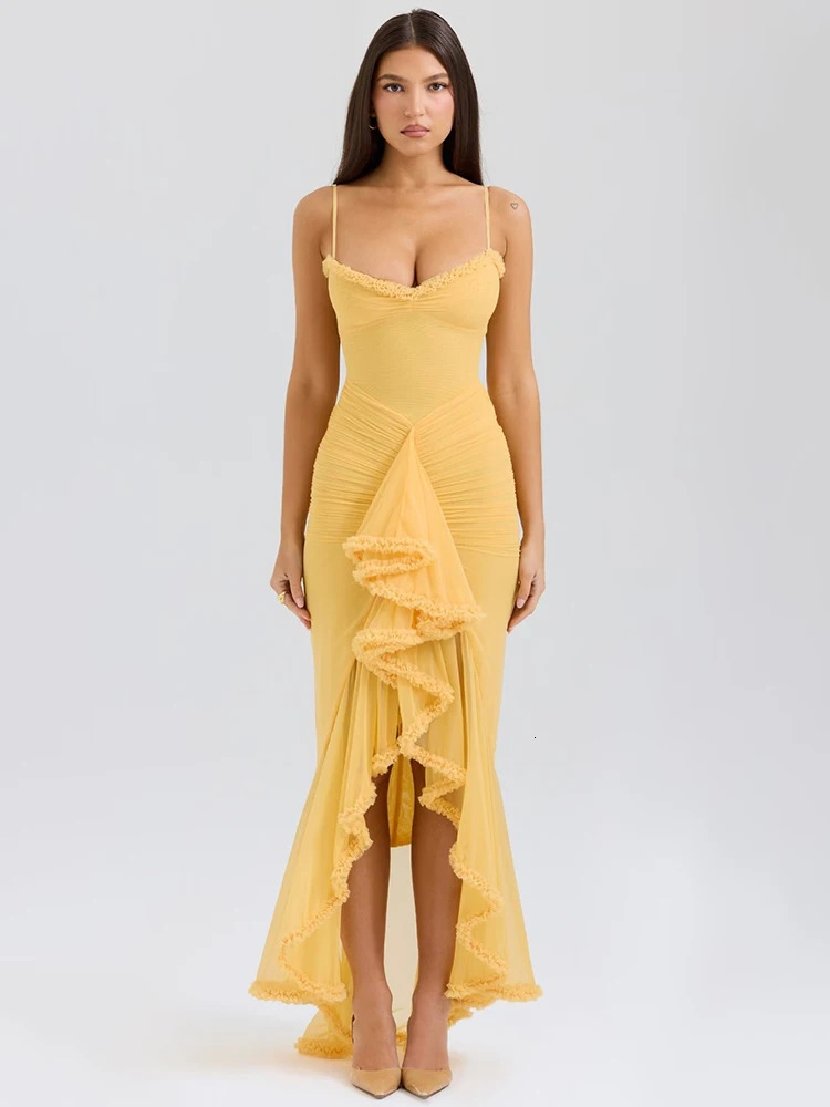 Mozision Ruffled Draped Ruched Sexy Maxi Dress For Women Yellow Spaghetti Strap Sleeveless Backless Club Party Sexy Long Dress 250715