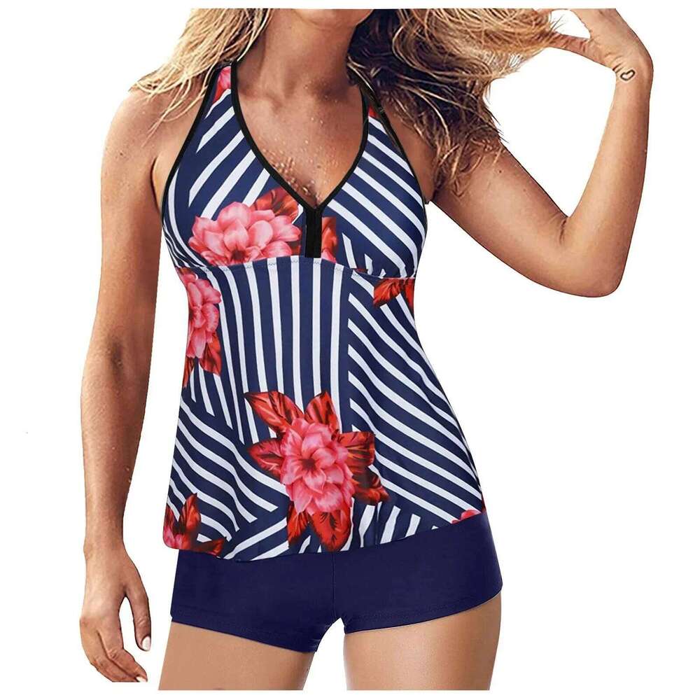 Conservative Belly Covering Floral Print Bikini Set Women's Separate Swimsuit Tankini Flat Briefs Chinese Brand AE Stock