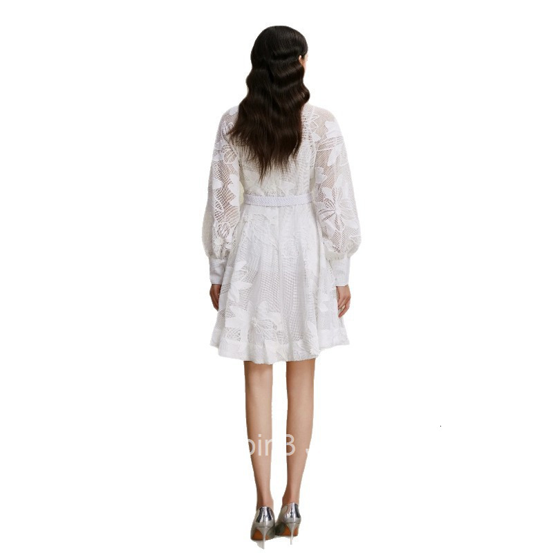 8872 Early Autumn Elegance Style Stand Collar Lantern Sleeve Gathered Wide Hem Three-Dimensional Lace Dress