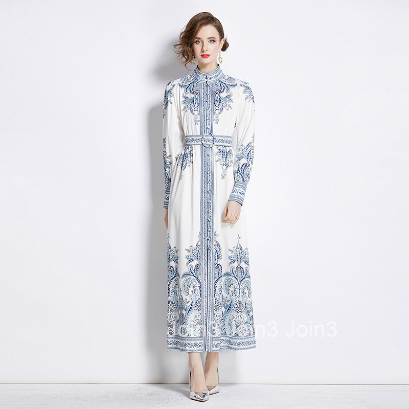 8746 Fashion Elegance Style Stand Collar Single-Breasted Printed Dress