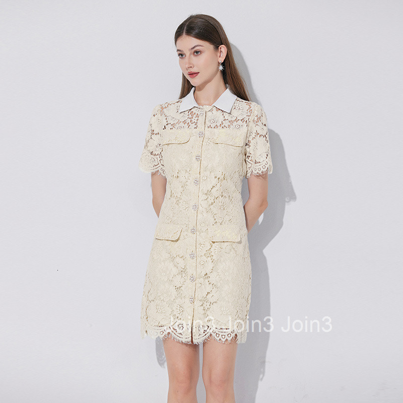 6606 New Sweet Design Color-Block Collar Lace Hollow Short Dress