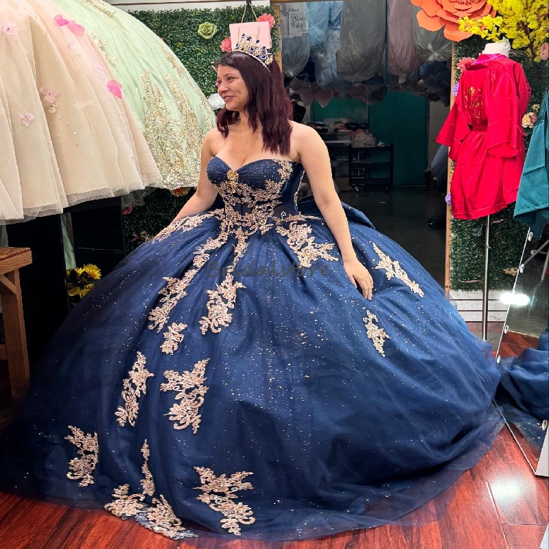 Elegant Blue Vestidos De 15 Quinceanera Princess Plus Size Debutante Sweet 16 Dress Birthday Vestidos De Xv Anos 2025 Gold Appliques Lace Sixteen Form