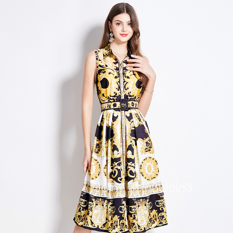 2508 Summer New Womens Printed Turn-down Collar Slim Waist Elegant Flared Midi Dress
