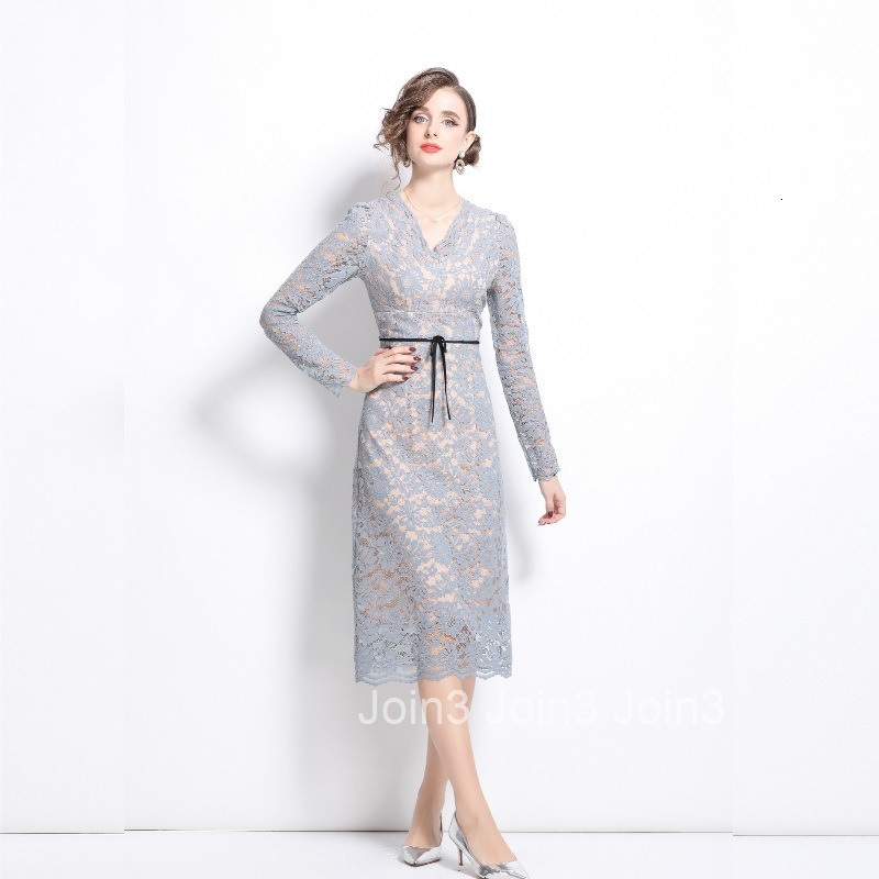 8052 Spring and Autumn New Womens Clothing Style V-neck Long Sleeve Blue Lace Slimming Medium Long Dress