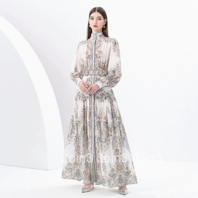 6165 Early Spring Breeze Stand Collar Lantern Sleeve Wave Edge Long Printed Dress