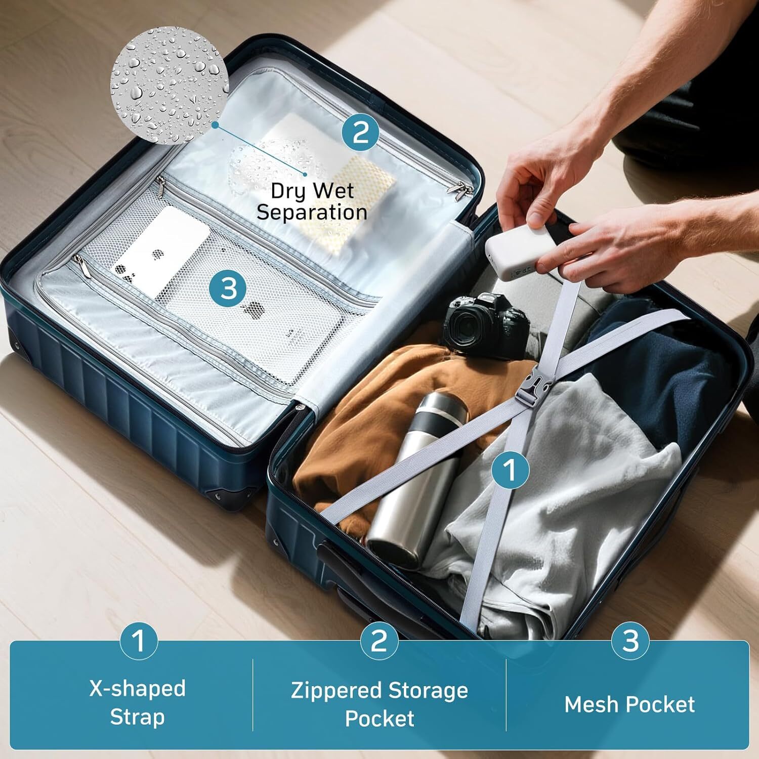 Lage sets piece Spinner designer bag Wheels, PC Hard Shell Travel Lage, Carry On suitcase with TSA Lock,YKK Zippers,Charcoal Metallic Navy, 3 Piece Se