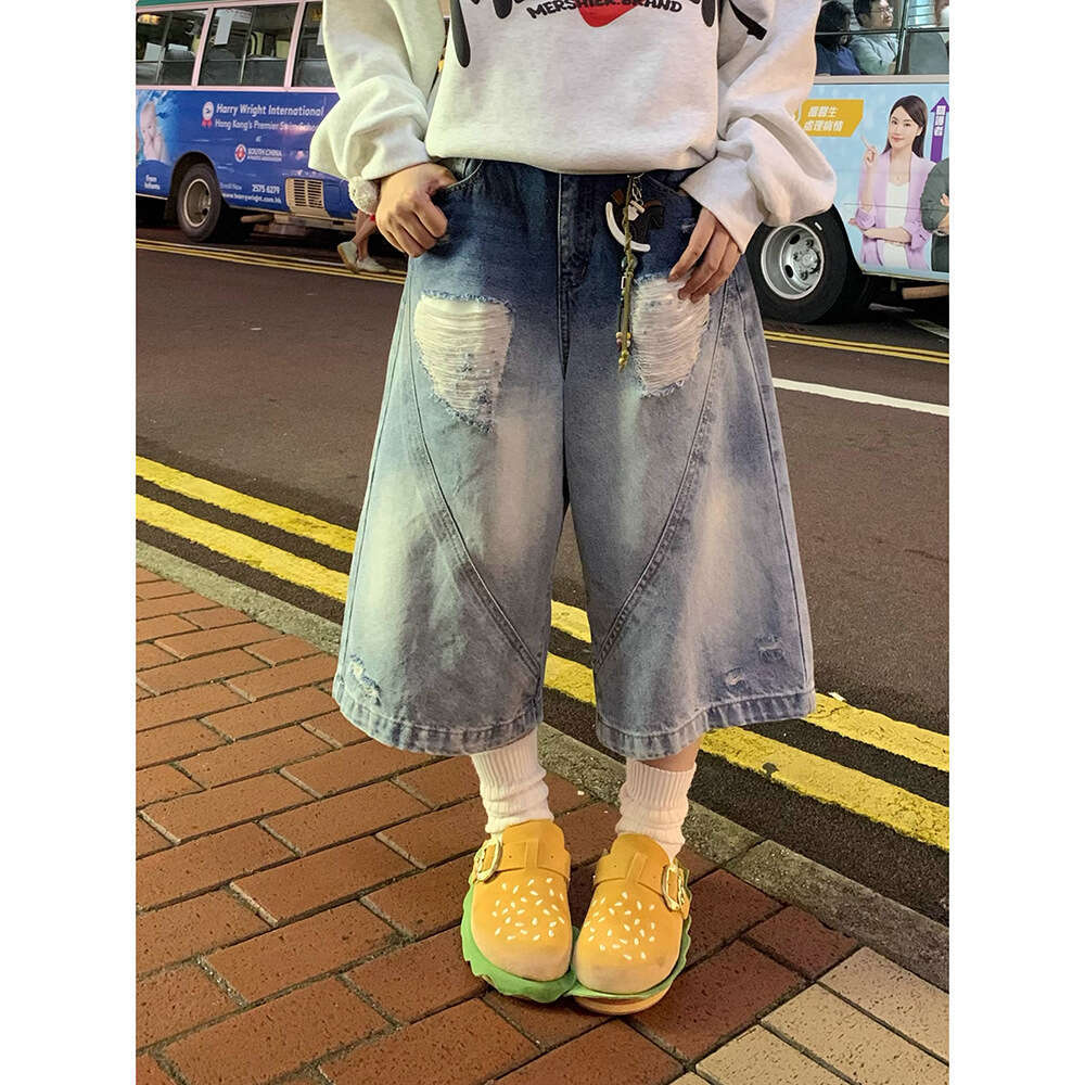 2025 Summer New Ripped Pants Men American Style Loose Casual Washed Cropped Jeans Trend