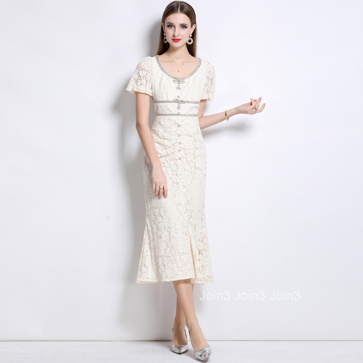 9632m White Lace Round Neck Short Sleeve Mermaid Dress Elegant Slim Dress with Bow