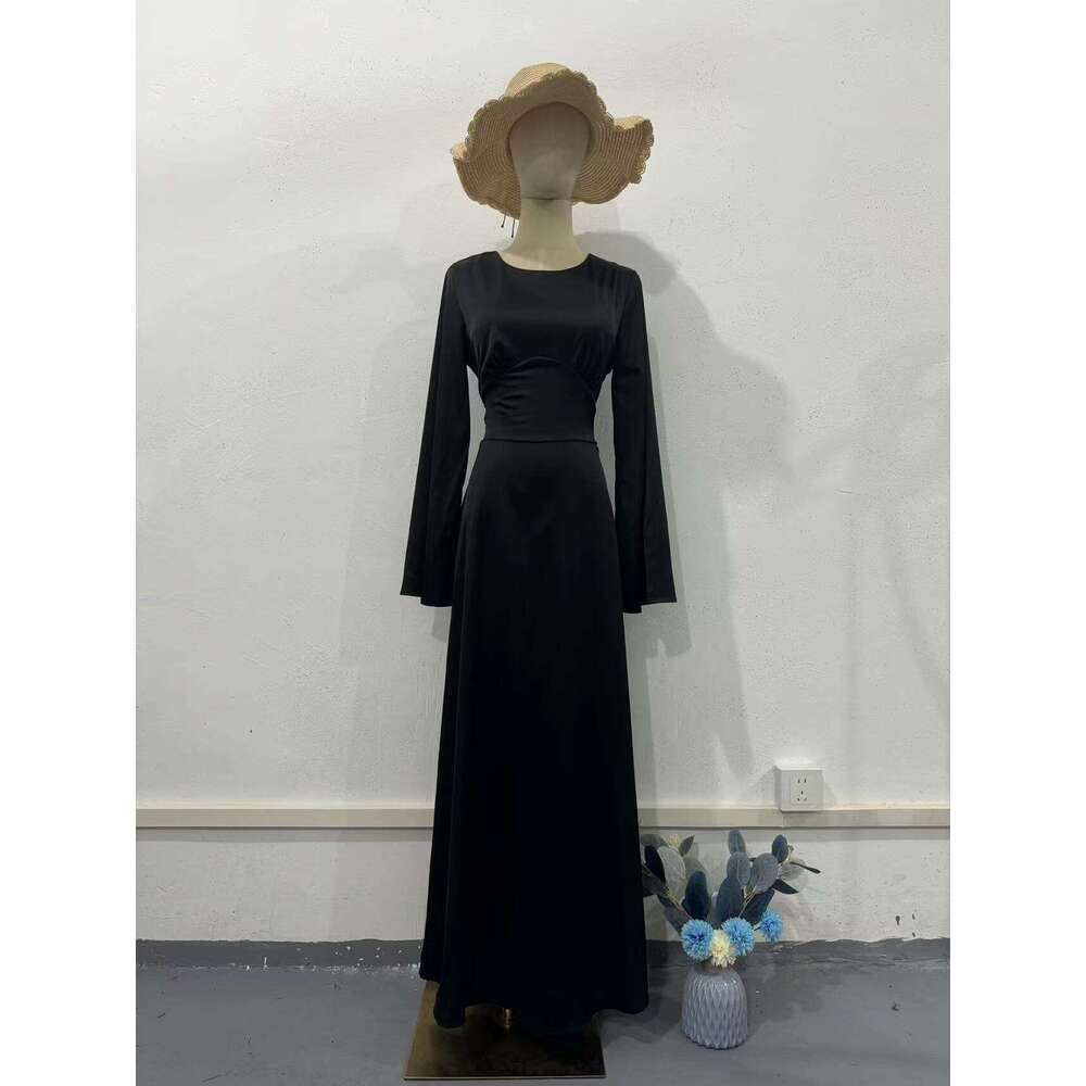 European and American Spring New Style Waist-Cinching Slimming Tie Solid Color Sleeve Long Elegant Women's Dress