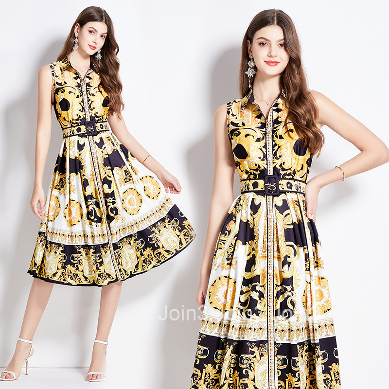 2508 Summer New Womens Printed Turn-down Collar Slim Waist Elegant Flared Midi Dress
