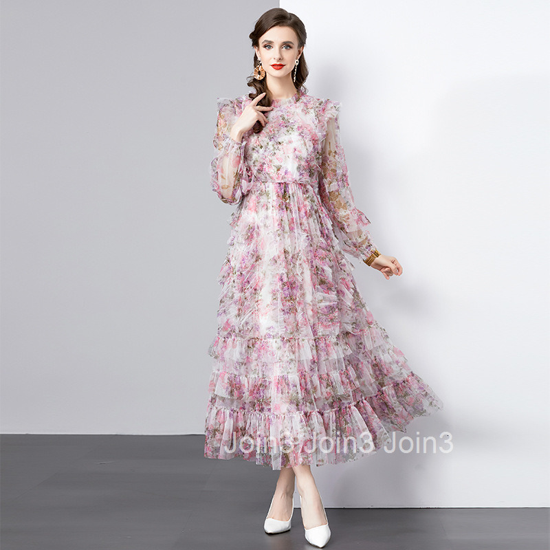 895 Autumn New Womens Fashion Purple Red Flower Printing Elegant Temperament Cake Long Dress
