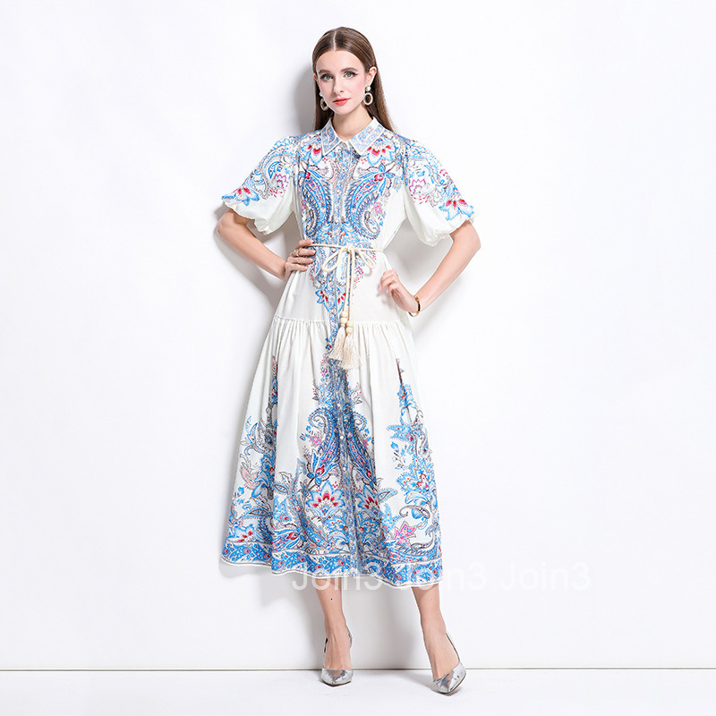 1245 Spring and Summer New Cotton and Linen Lapel Lantern Sleeve Printed Dress Long Dress