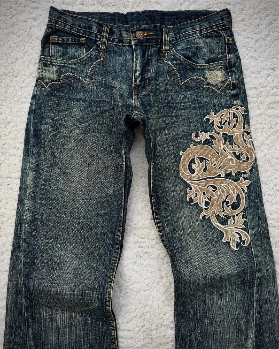High Street Y2K Heavy Gradient Retro Rose Vine Mantle Thorn Embroidered Blue Washing Jeans Women Personalized Micro-flare Pants 250714