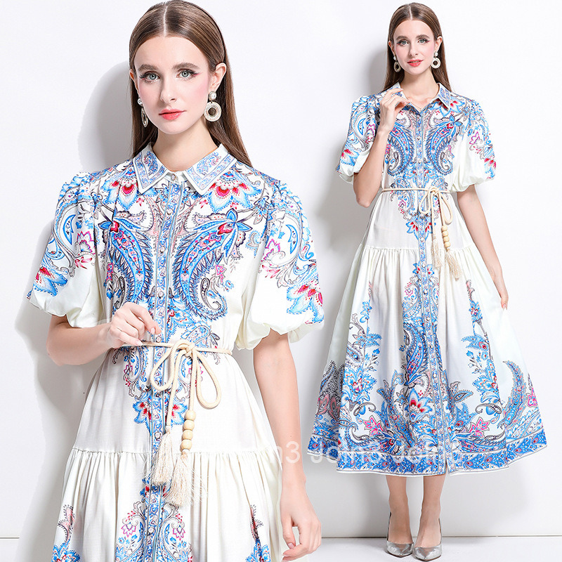 1245 Spring and Summer New Cotton and Linen Lapel Lantern Sleeve Printed Dress Long Dress