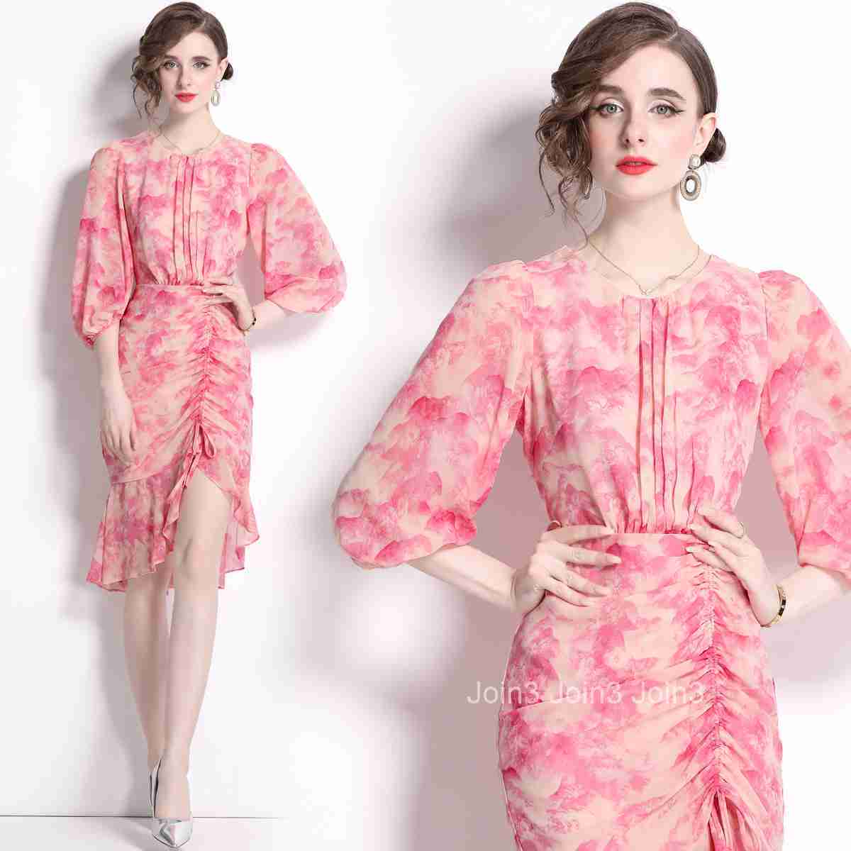 5819 Spring Summer New Womens Fashion Elegant Mermaid Hem Floral Dress Lantern Sleeve Slim Fit Mid-Length Dress