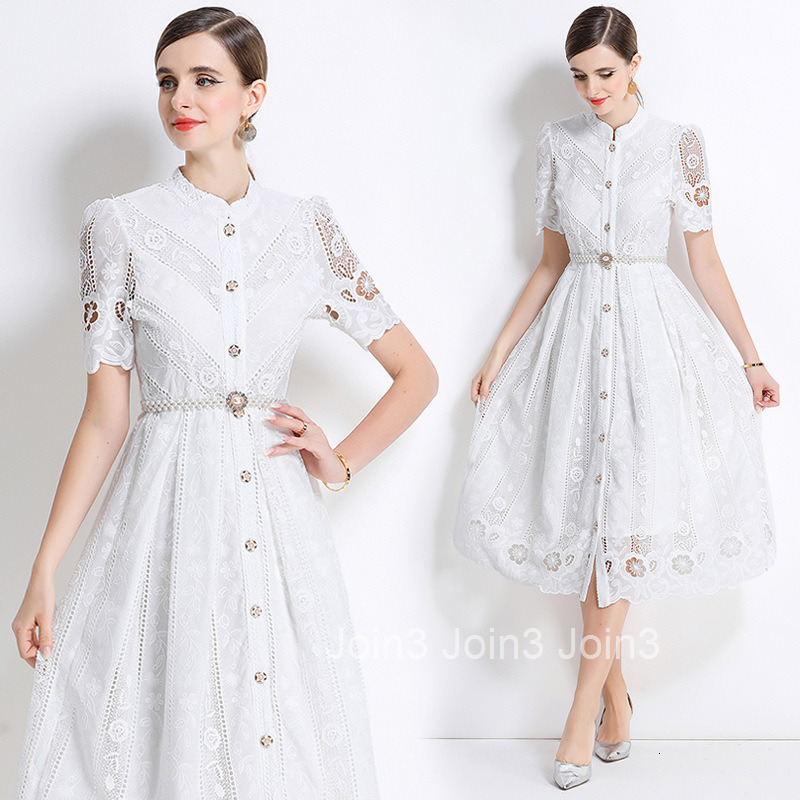 711 Mid-Length Sleeve Slimming Hollow Laser Embroidered Positioning Print Mid-Length Dress