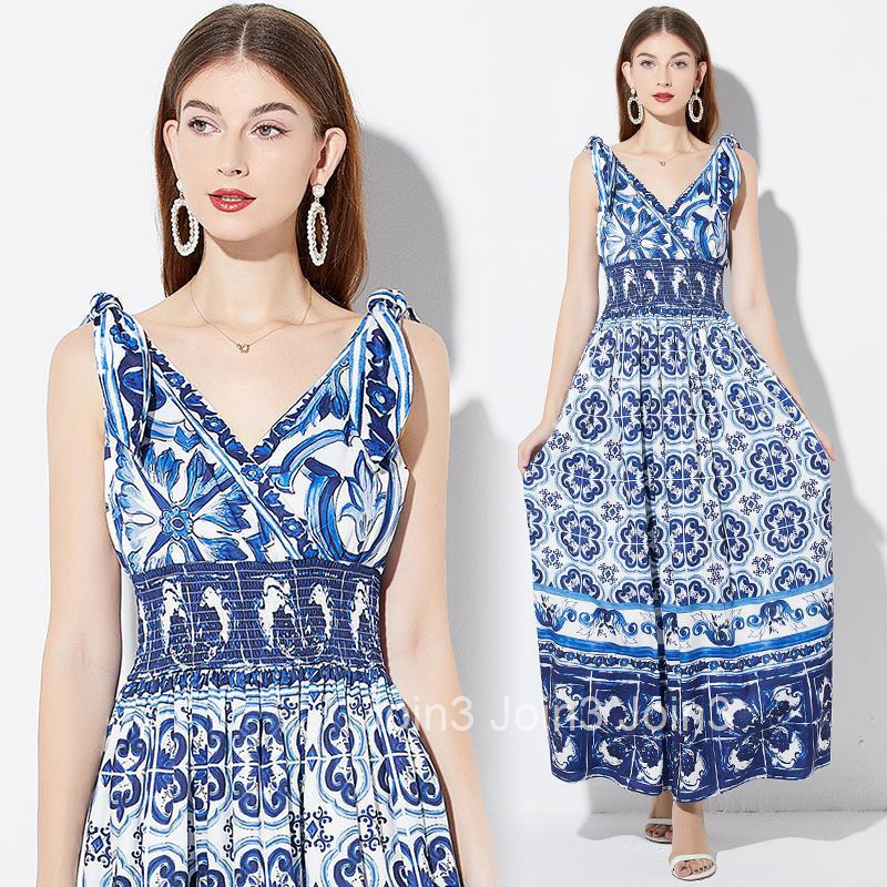 499 Summer Sexy V-neck Printed Elastic High-waisted Dress with Bow Tie Slim Fit Flared Dress