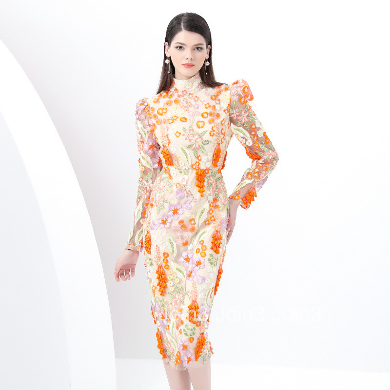 6002 Early Spring New Womens Clothing Stand Collar Long Sleeve Slim Fit Bodycon Embroidered Midi Dress