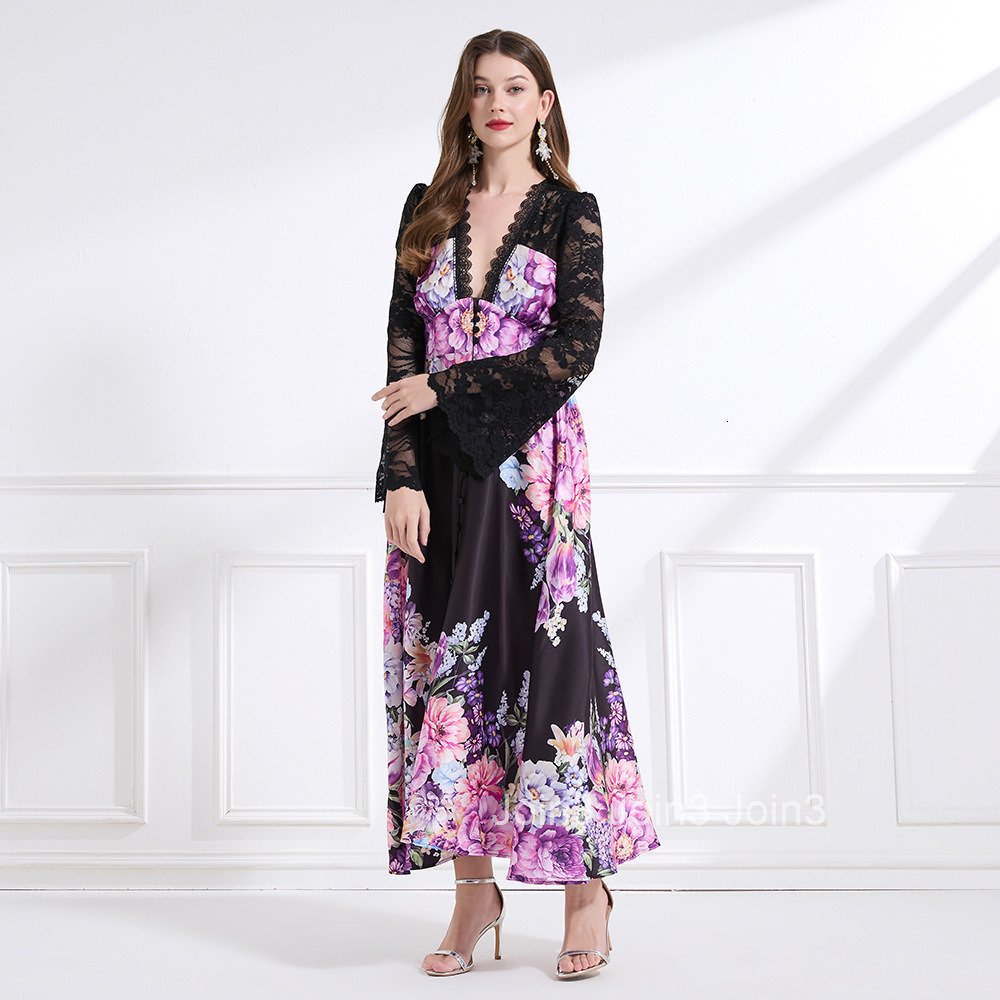2188 Spring New Womens Fashion Elegant Vacation Style Lace Trim Patchwork Printed Waist-Cinching Long Dress