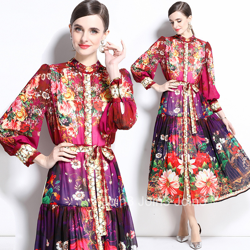 1241 Spring/Summer New Chiffon Stand up Collar Lantern Sleeve Printed Dress Long Skirt