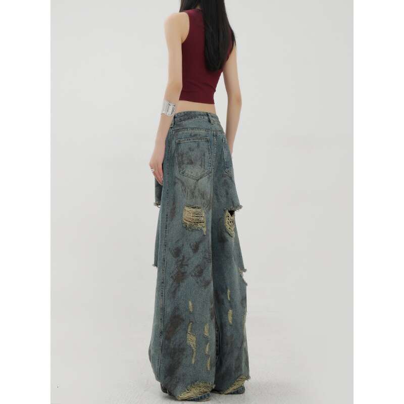 Post-Apocalyptic Ink-Splattered Ripped Jeans for Women, Spring/Summer New Design, Low Waist, Slimming, Wide-Leg, Floor-Length Pants