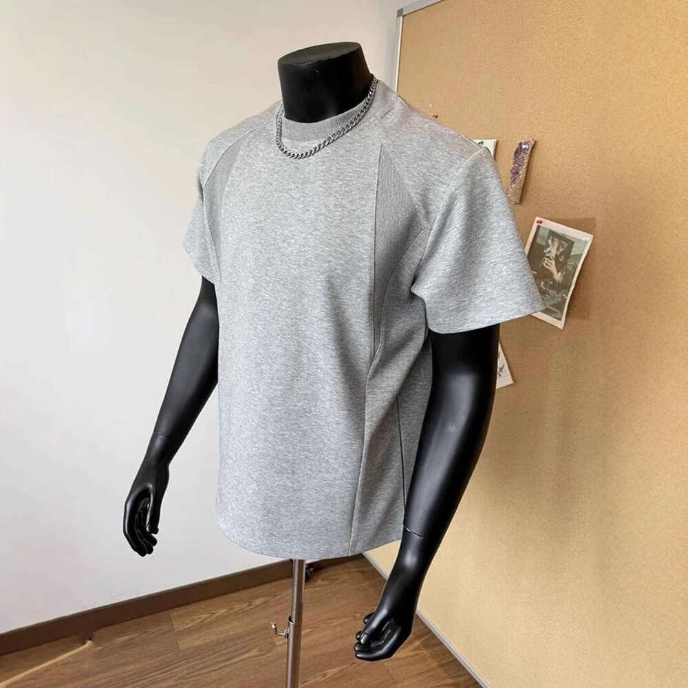 Gray Patchwork T-Shirt for Men, Stylish Small Neckline, Regular Shoulder, Short Sleeve, Casual Loose Fit, Versatile Trendy Half Sleeve