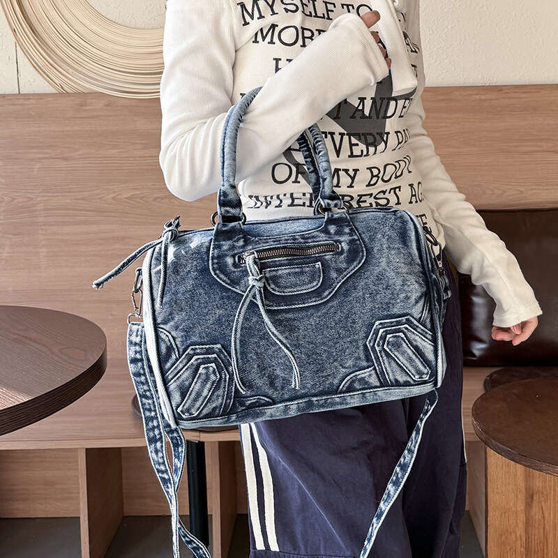 Motorcycle Washed Denim Patchwork Handbag Large Capacity Commuting Travel Single Shoulder Crossbody Bag