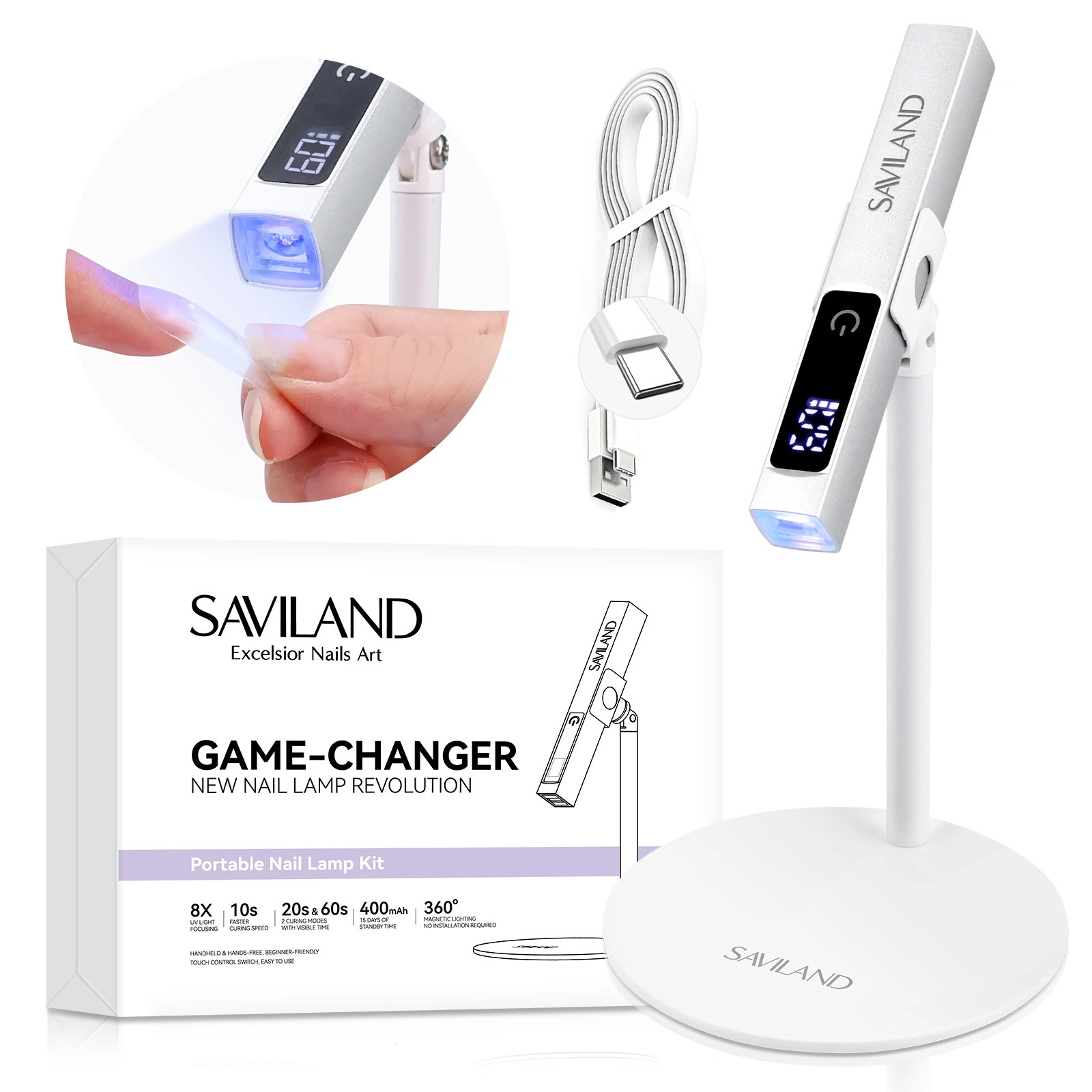 SAVILAND Rechargeable UV LED Nail Lamp with Magnetic Stand LCD Screen Timer Modes Portable Mini Nail Dryer Gel Nails Light 250716