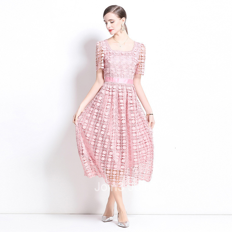 703 fashion slimming hollow out water-soluble lace positioning mid length dress