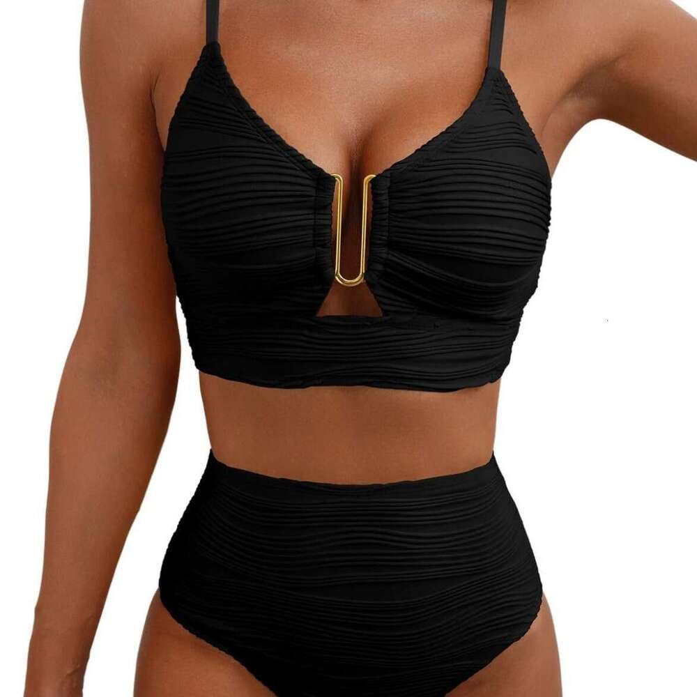 2025 New V-neck Hollow Out High Waist Textured Ruched Swimsuit Women Bikini
