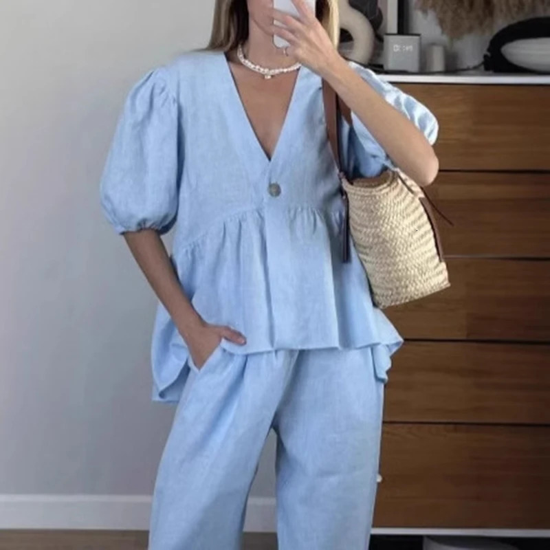 Tornova Womens Cotton Casual Pant Sets Solid V Neck T shirt Top Puff Sleeve Loose High Waist Trouser Female Summer Fashion 2025 250715