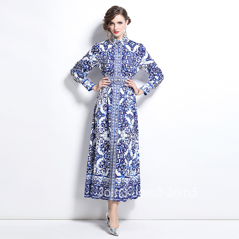 8773 Spring and Autumn new womens clothing style fashionable Elegance style standing collar long skirt printed dress