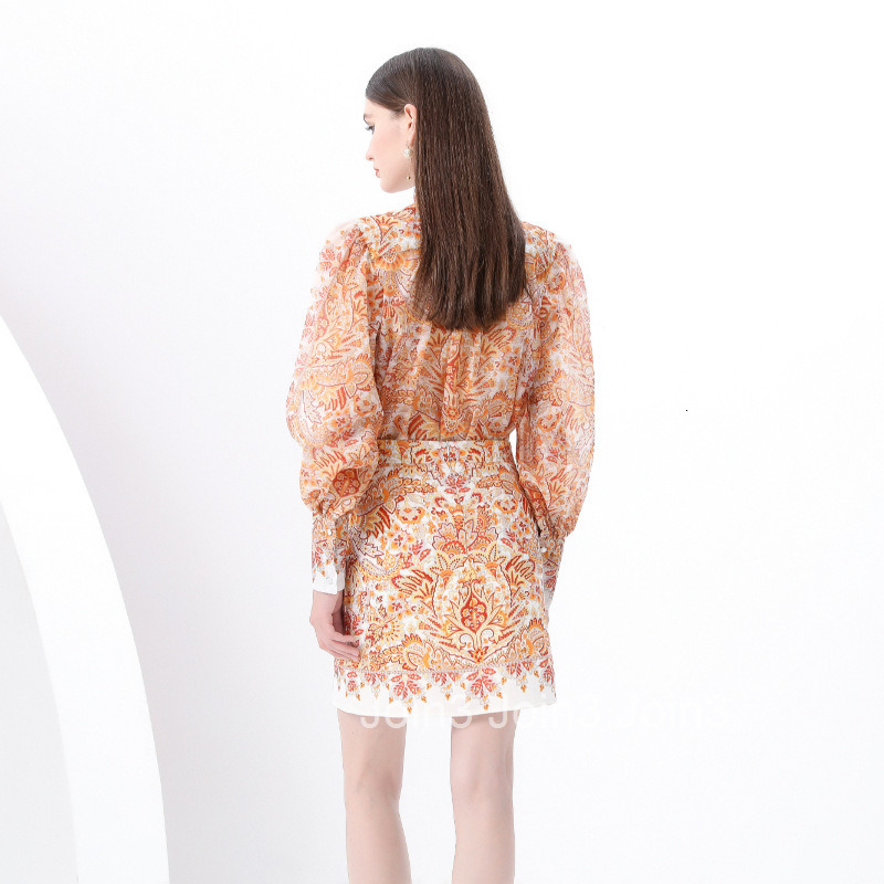 6149 Spring Summer Stand Collar Lantern Sleeve Gathered Lantern Sleeve Shirt + Short Skirt 2-Piece Set