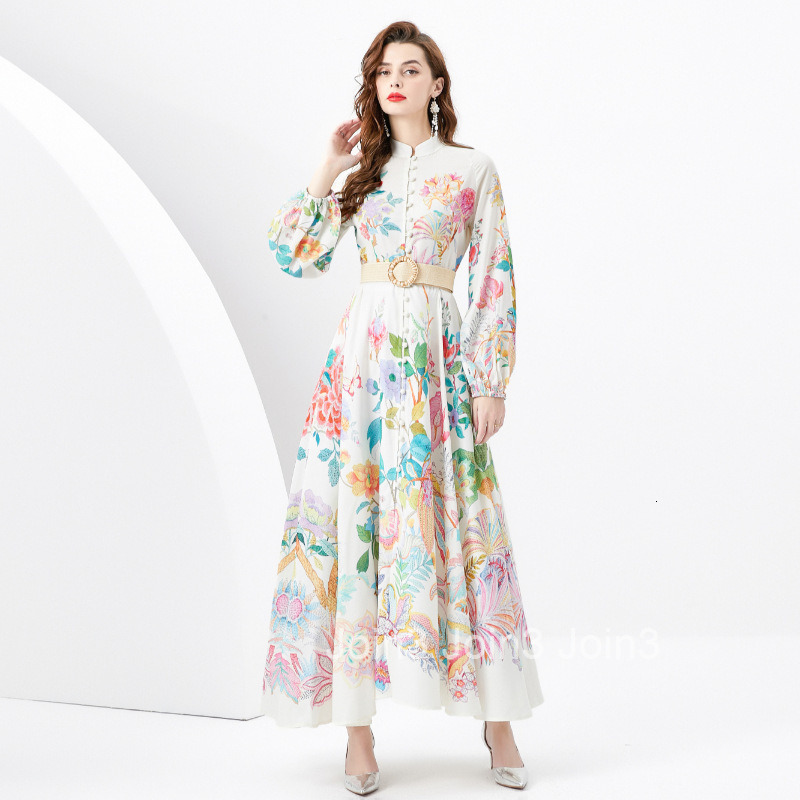 6236 Spring Summer New Womens Clothing Elegance Style Stand Collar Lantern Sleeve Flared Long Dress Printed Dress