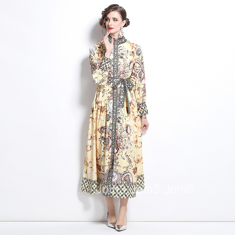 6086 Autumn New Womens Clothing Style Fashionable Elegance Style Stand up Collar Printed Large Swing Long Dress