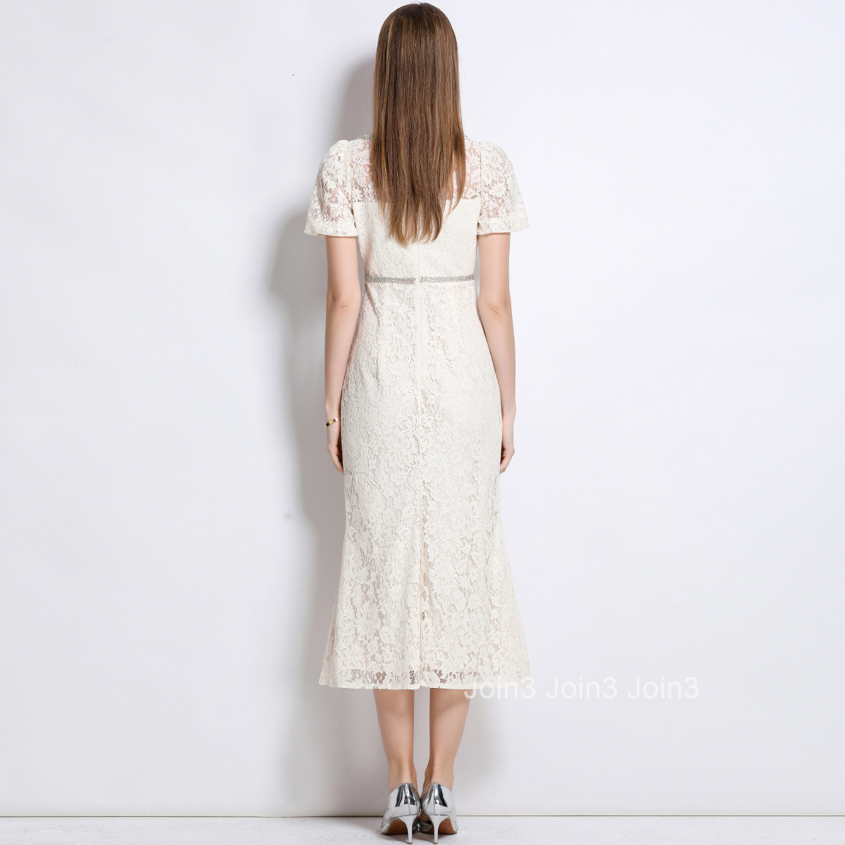 9632m White Lace Round Neck Short Sleeve Mermaid Dress Elegant Slim Dress with Bow