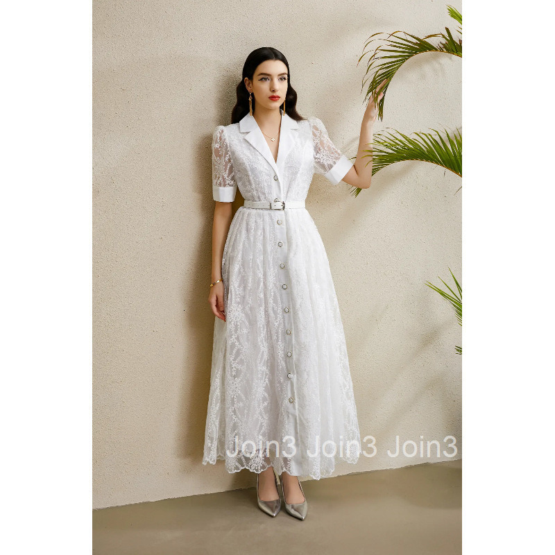 8907 Early Autumn Suit Collar Lantern Sleeve Gathered Wide Hem Embroidered Dress