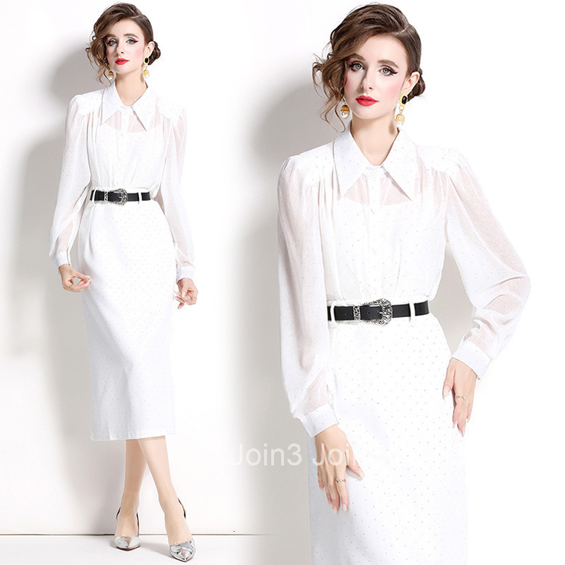8708 Autumn New Womens Fashion Set Bubble Sleeve Hot Diamond Shirt+High Waist Skirt Set