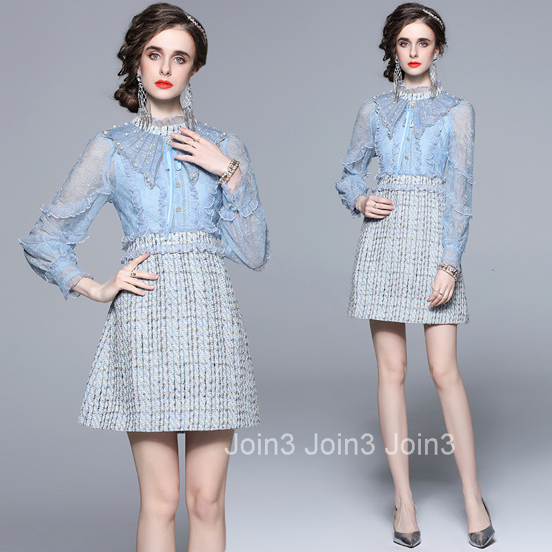 925 Autumn New Womens Clothing Elegant Blue Embroidered Nail Bead Fake Two piece Coarse Flower Short Skirt Dress